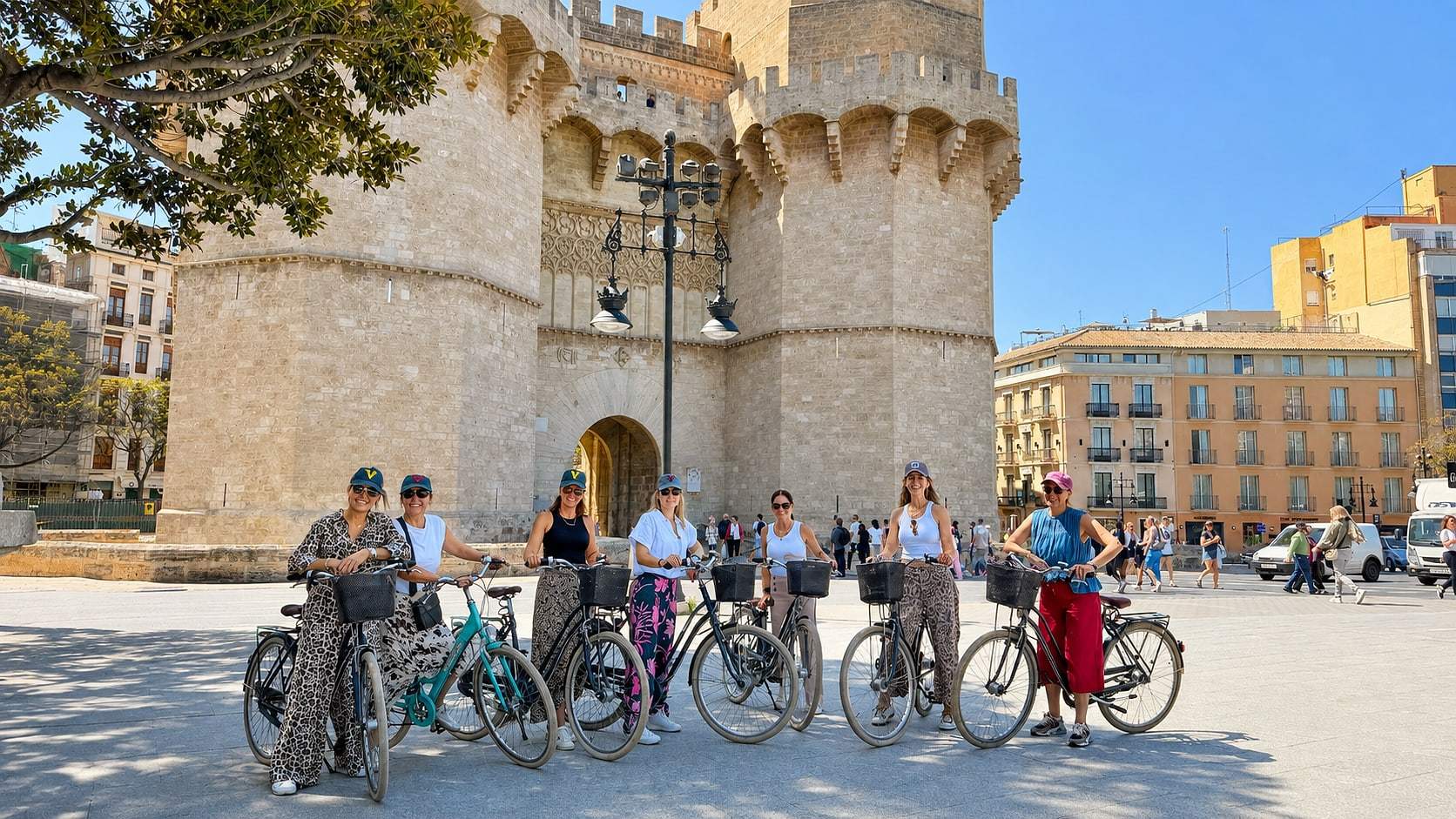 Guests stop for a photo during the daily bike tour