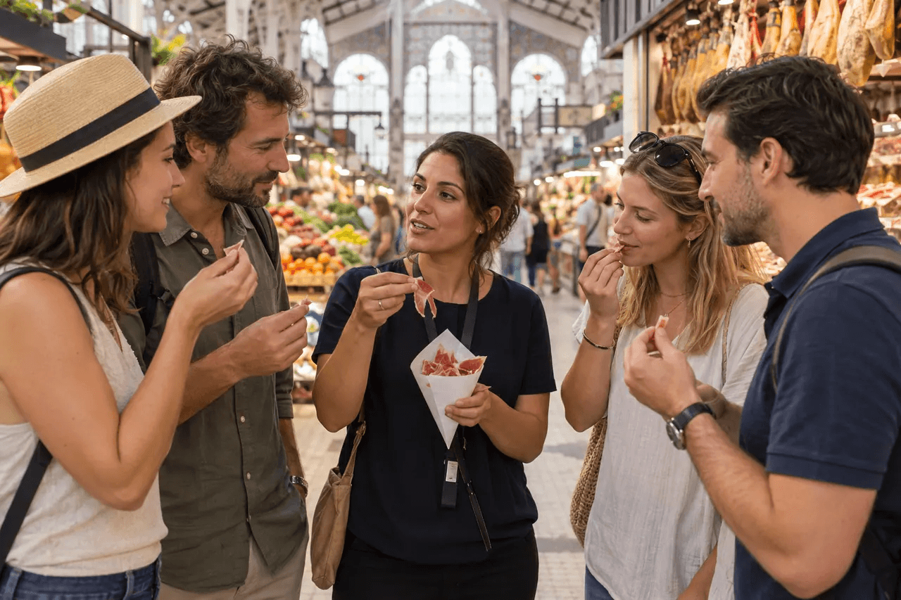 Illustrative image of adult visitors exploring a food market with a guide