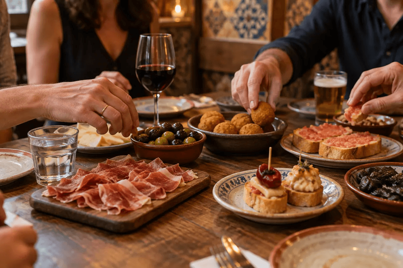 Illustrative image of a shared table with Spanish tapas and drinks